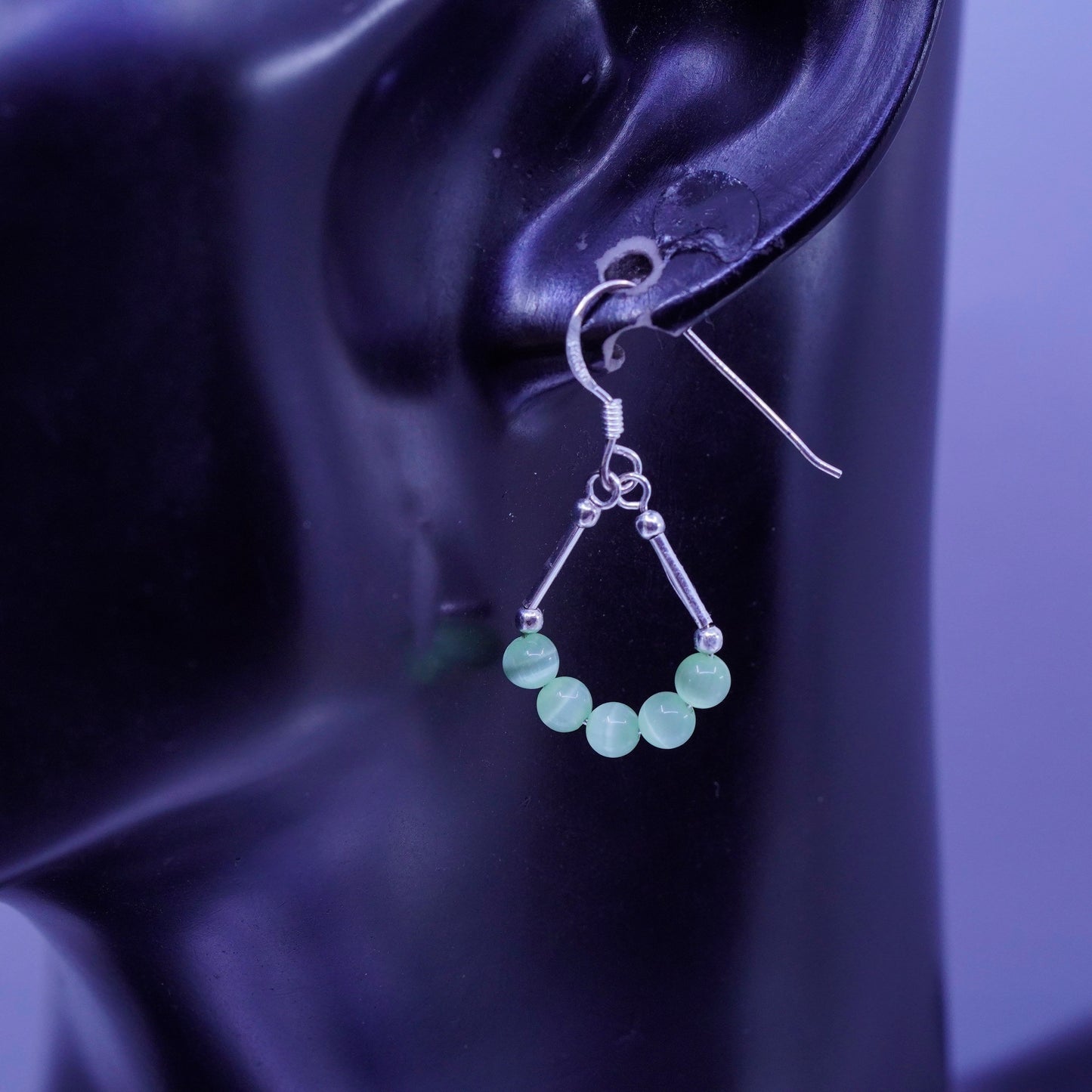 Vintage Sterling 925 silver teardrop earrings with green cats eye beads