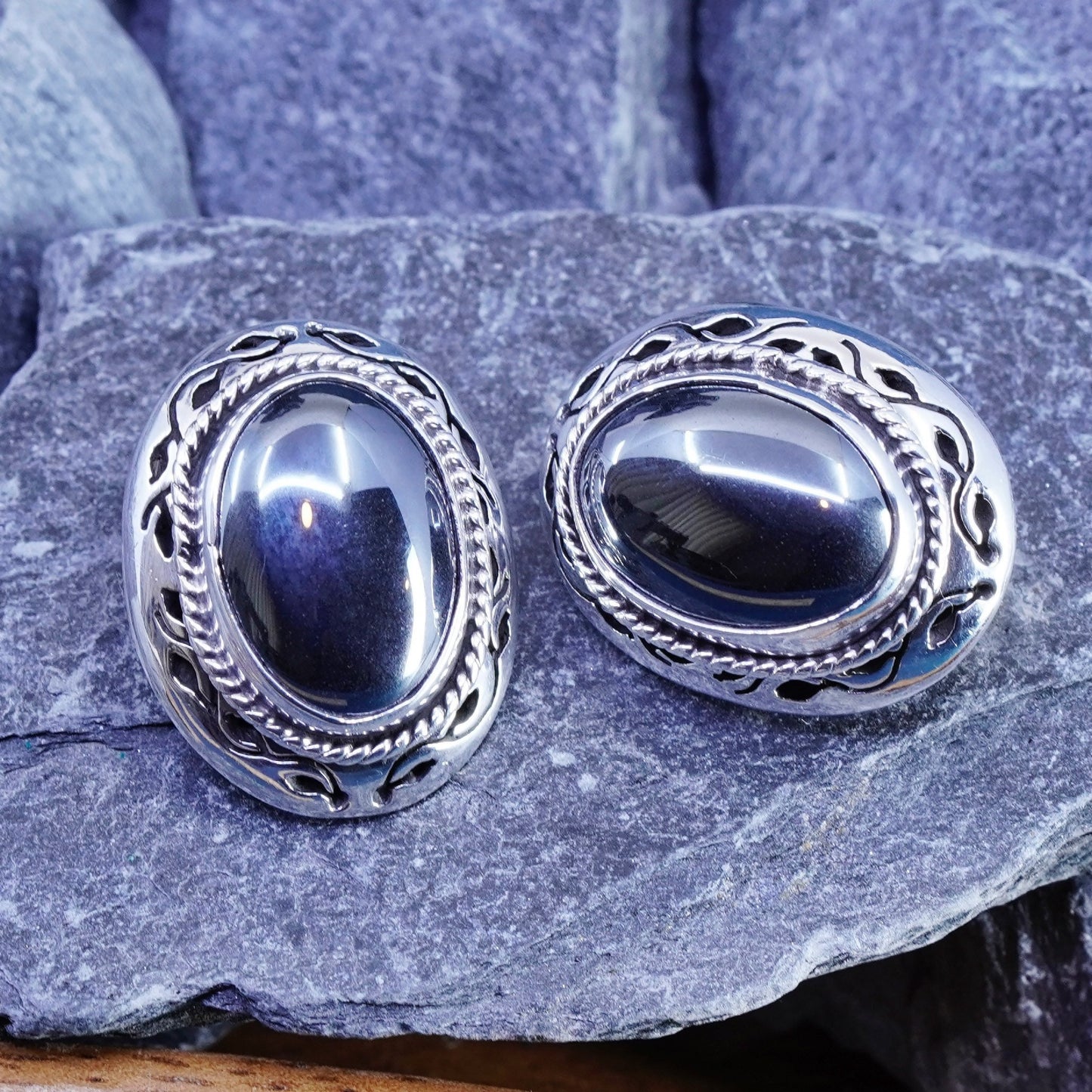 vtg Mexico sterling 925 silver handmade clip on earrings oval hematite vines