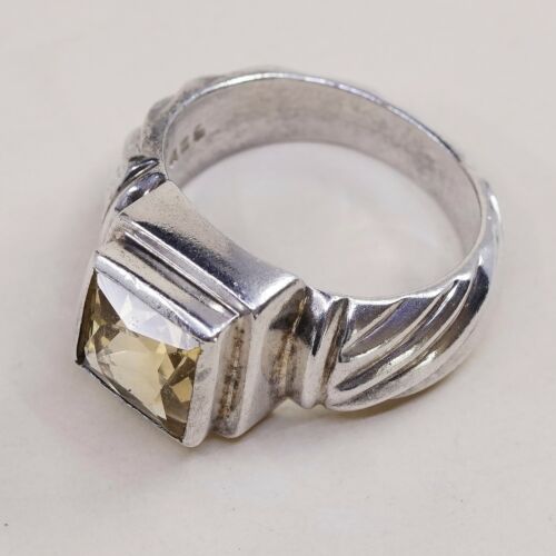 Sz 7, Vtg Sterling Silver handmade Ring, 925 Silver Ribbed Band W/ citrine