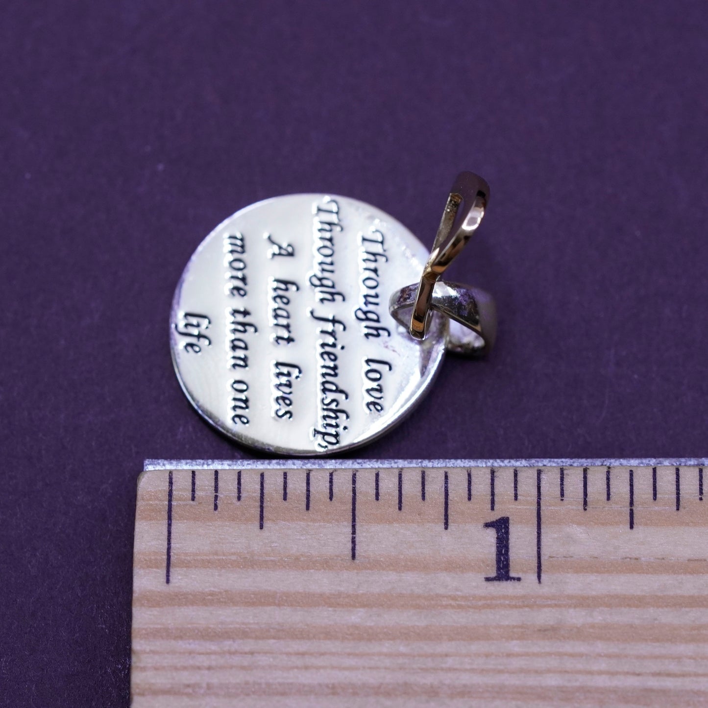 vermeil Sterling silver quote pendant, 925 circle “love through friendship