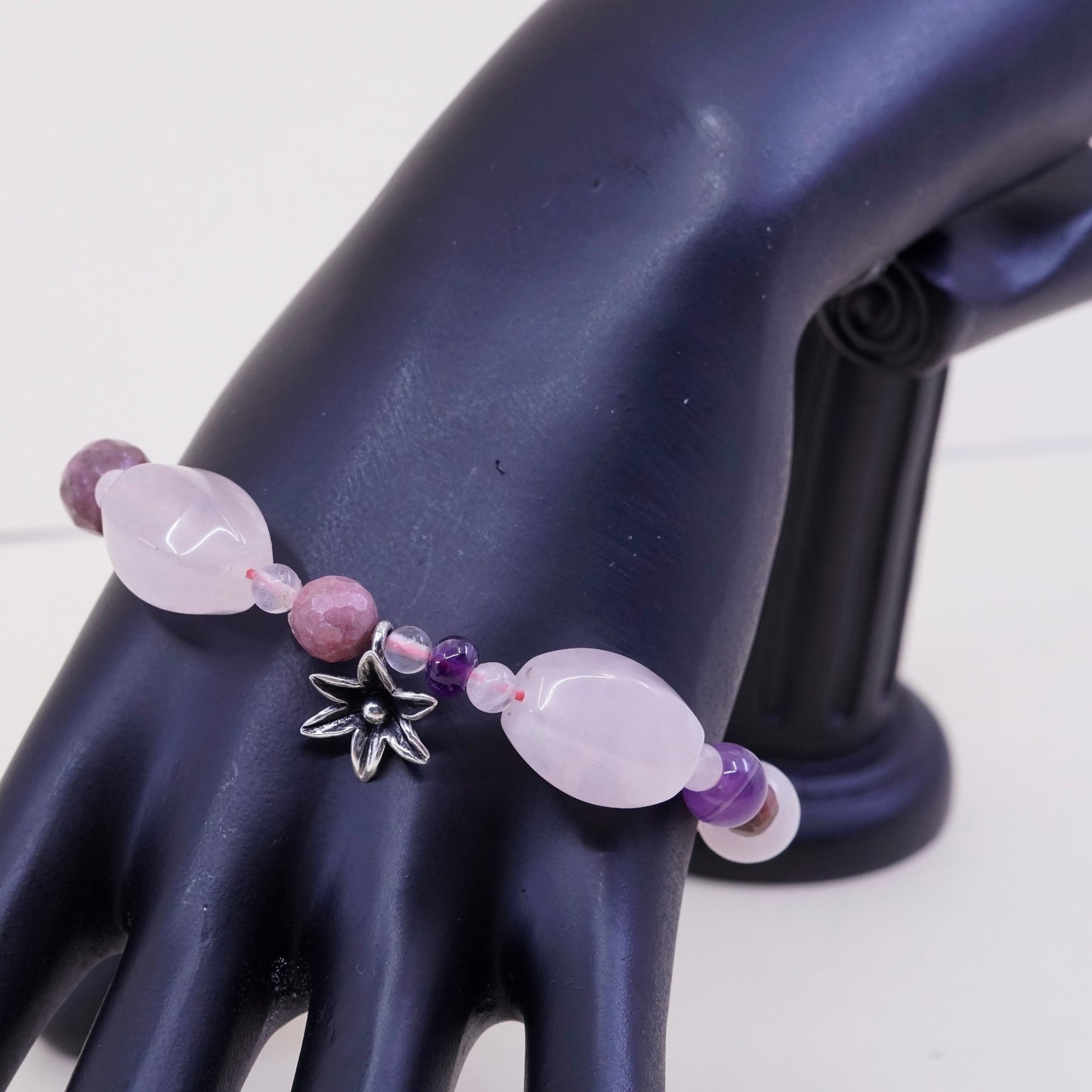 7.5”, Sterling silver handmade bracelet, 925 flower charm w/ rose quartz beads