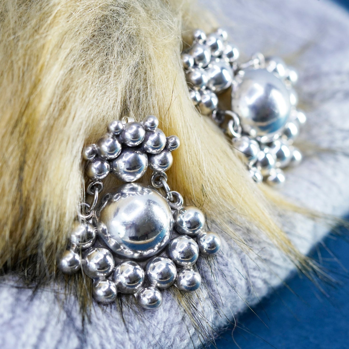 Vintage huge sterling silver handmade earrings, Mexico 925 beaded earrings