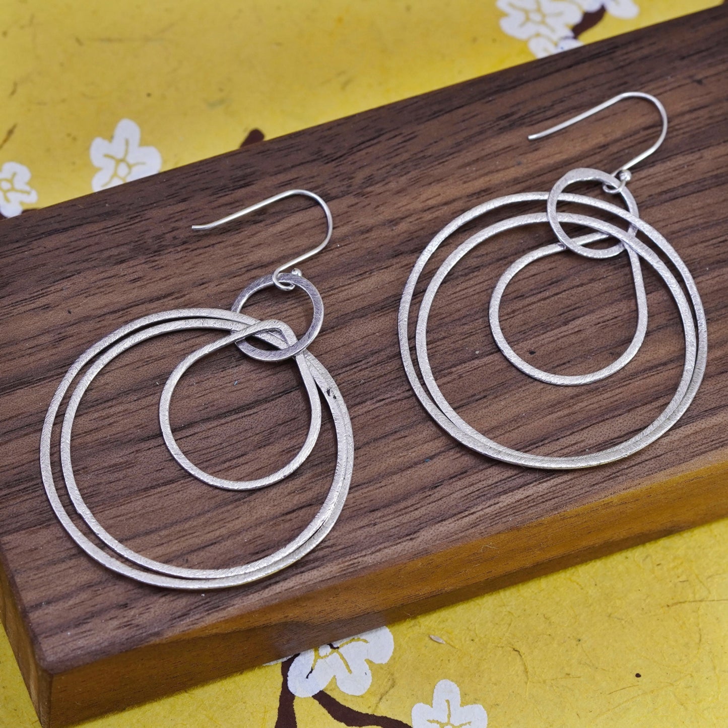 Vintage Sterling silver handmade earrings, matte 925 multi circles dangle