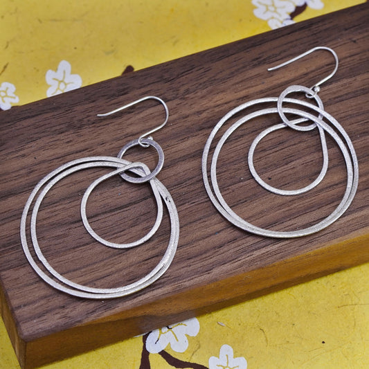 Vintage Sterling silver handmade earrings, matte 925 multi circles dangle