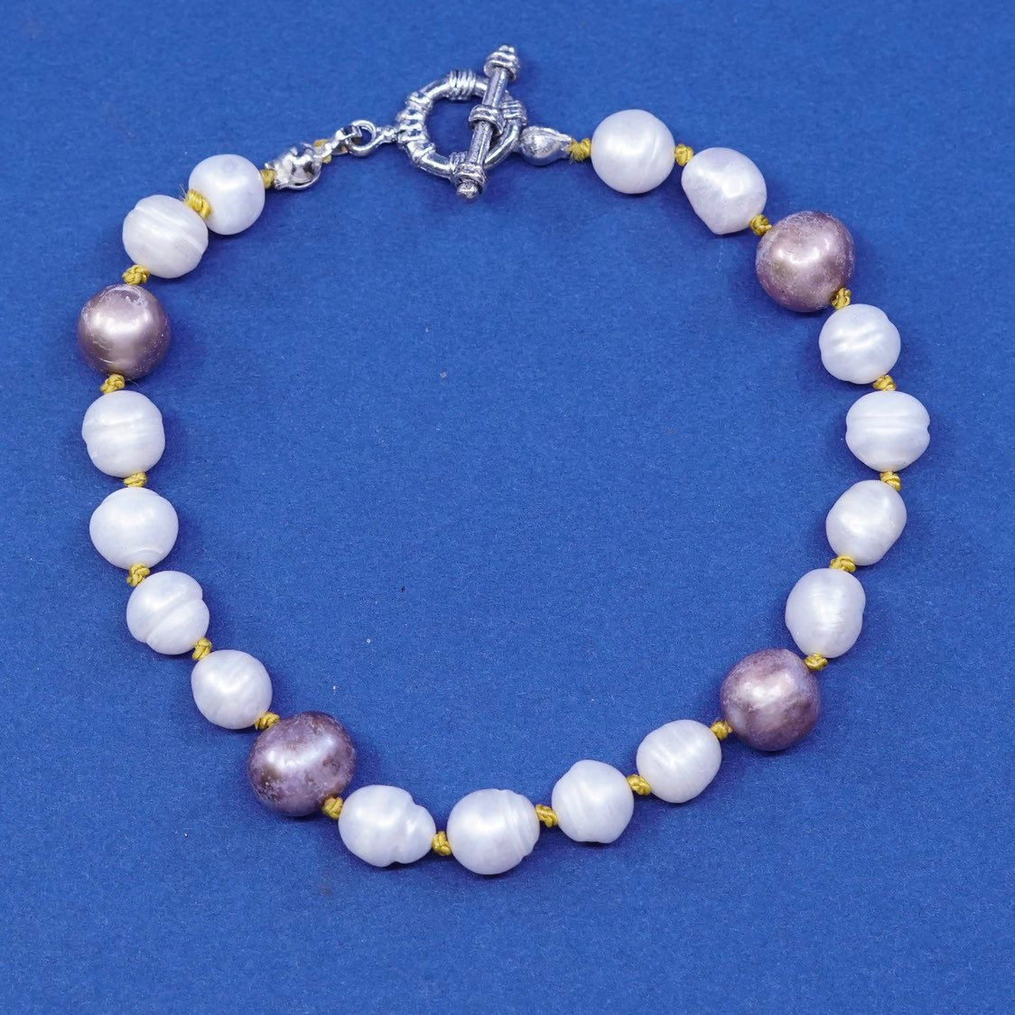 7", vtg sterling silver handmade bracelet, pearl w/ 925 toggle closure