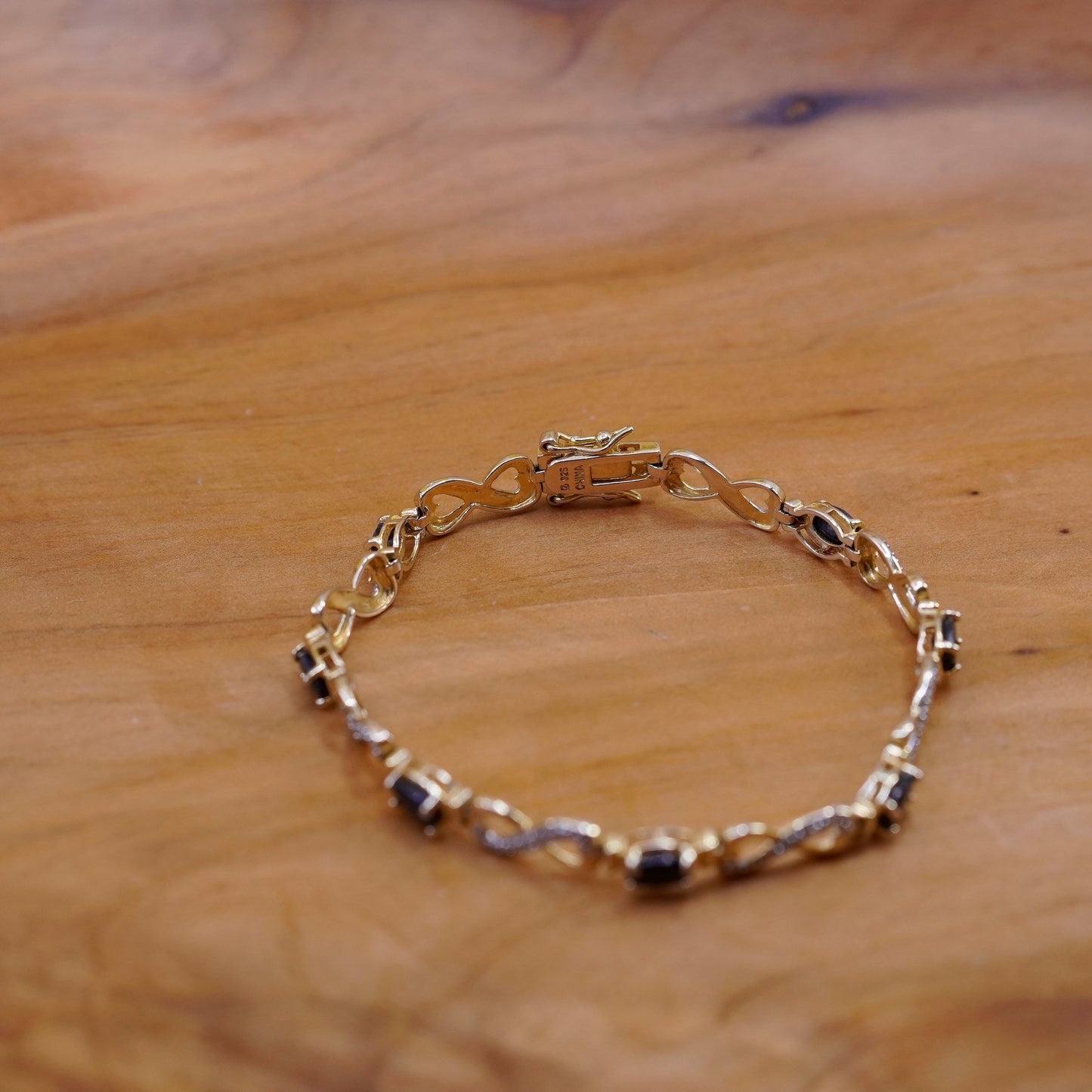 7.5”, vintage vermeil gold Sterling silver tennis bracelet diamond sapphire