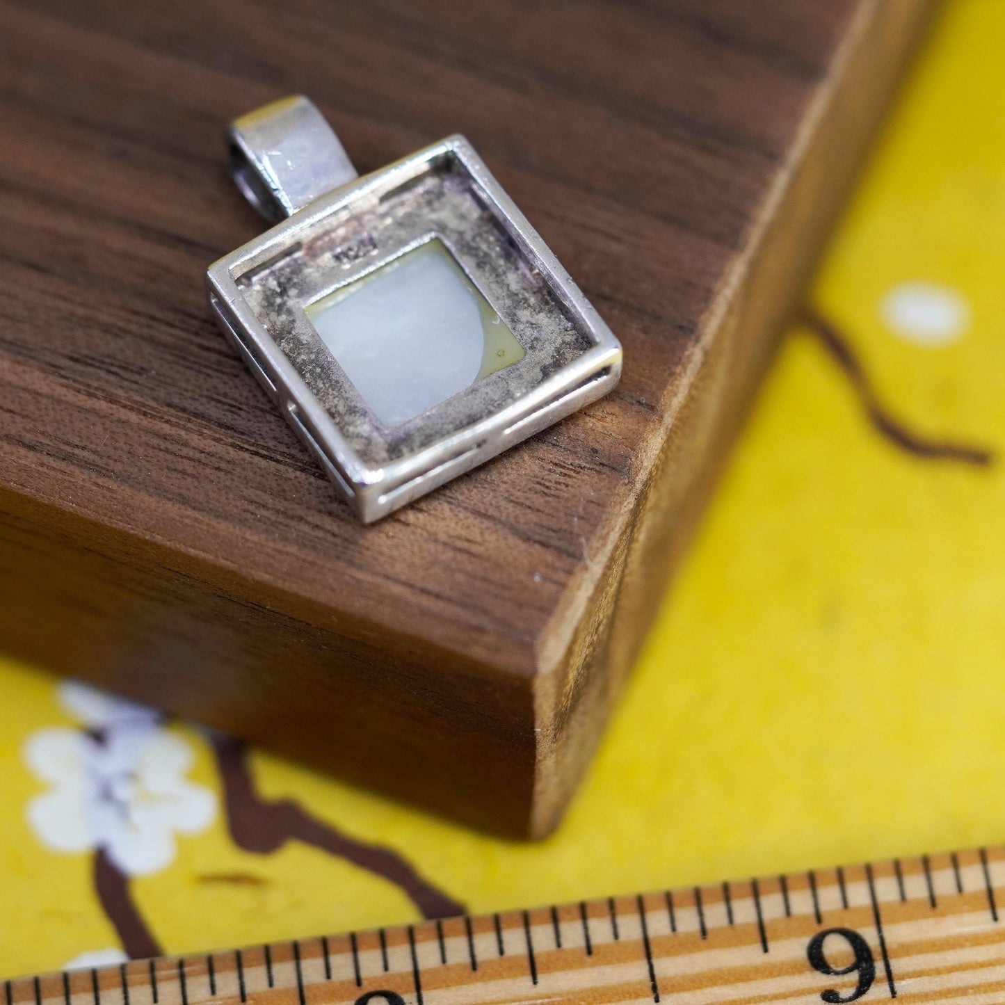 Vintage Sterling 925 silver handmade square pendant with mother of pearl