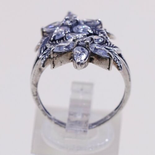 Size 8.25, Vtg Cadena Jewelry Sterling 925 Silver Handmade Flower Ring w/ Cz
