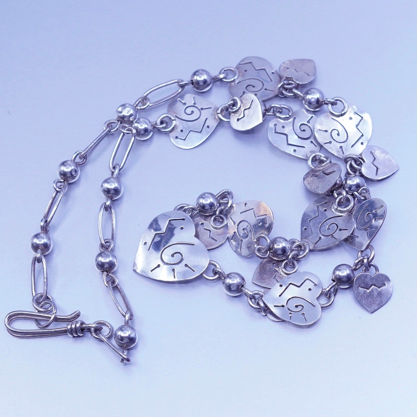 18”, far fetched Sterling 925 silver elongated chain necklace heart charms