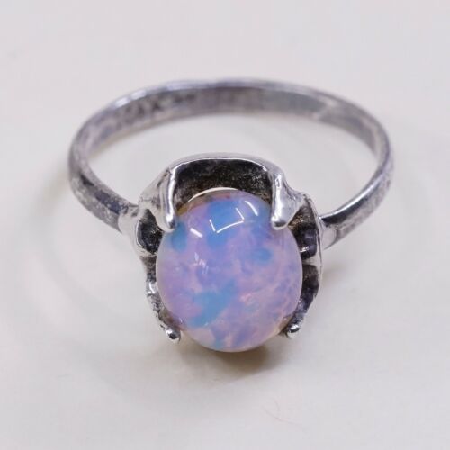Sz 6, Vtg Sterling Silver Handmade Ring, 925 Silver Band W/ Artificial opal