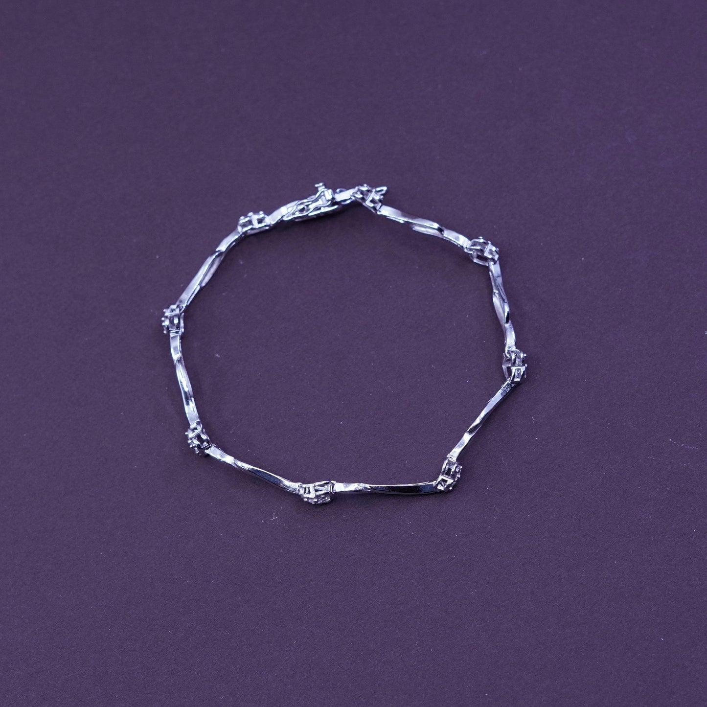7”, Sterling silver handmade tennis bracelet, 925 wave with heart and crystal