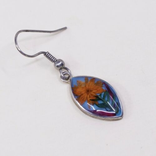 Vtg Alpaca Silver Handmade Earrings, Marquise Resin Sun Flower, Stamped