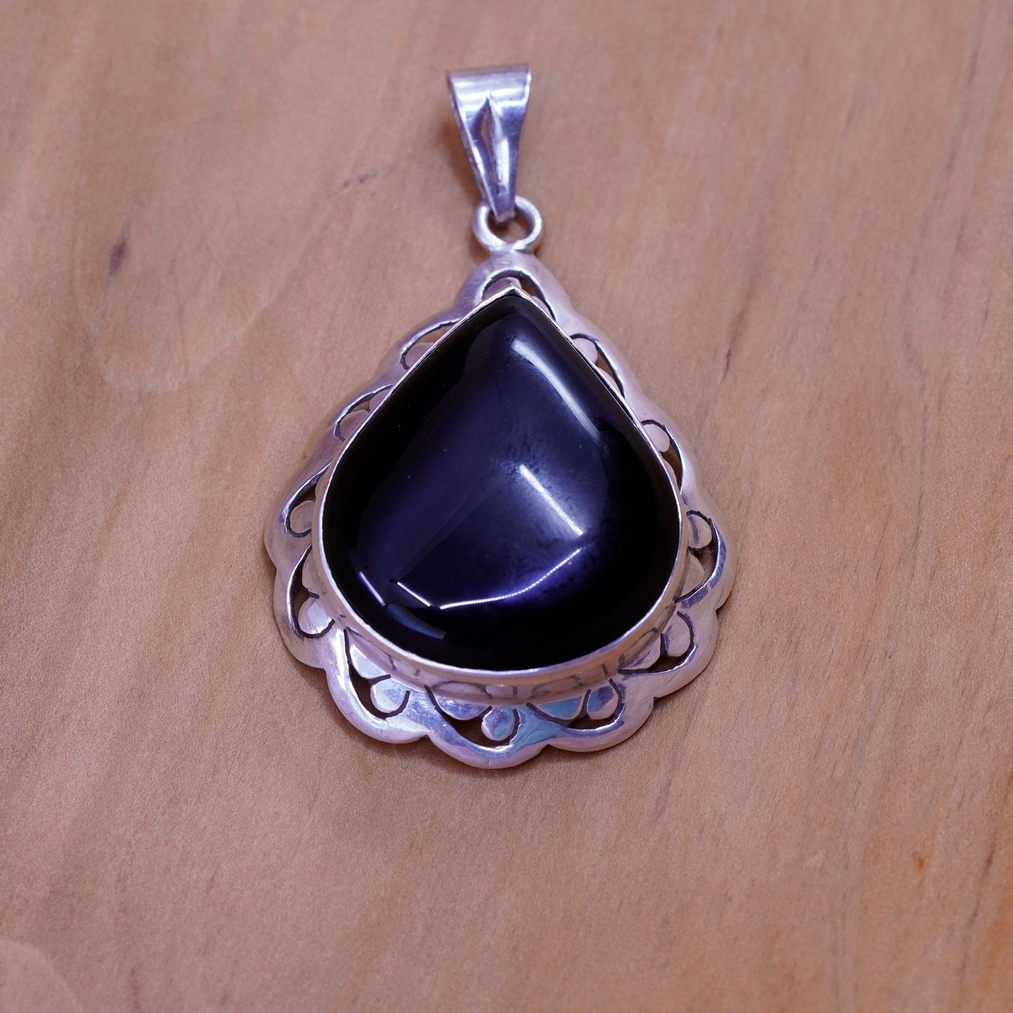Vintage Sterling 925 silver handmade teardrop pendant with obsidian