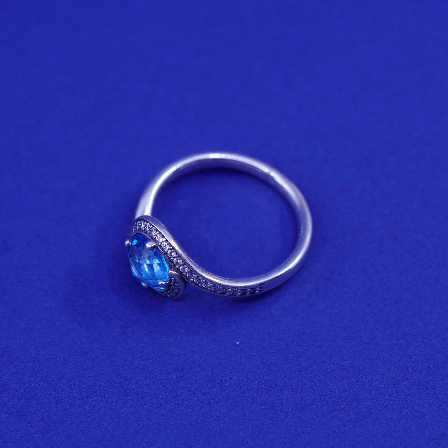 Size 7.25, vintage ALE sterling 925 silver engagement ring with blue cz