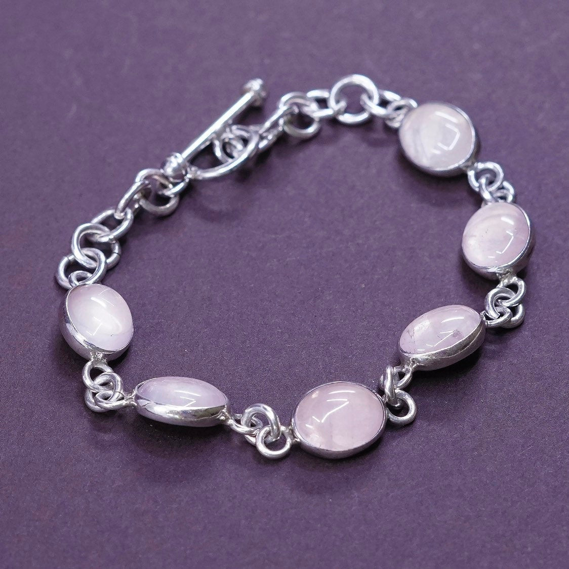 5.5”, vtg Sterling silver handmade bracelet, Mexico 950 w/ pink quartz n toggle