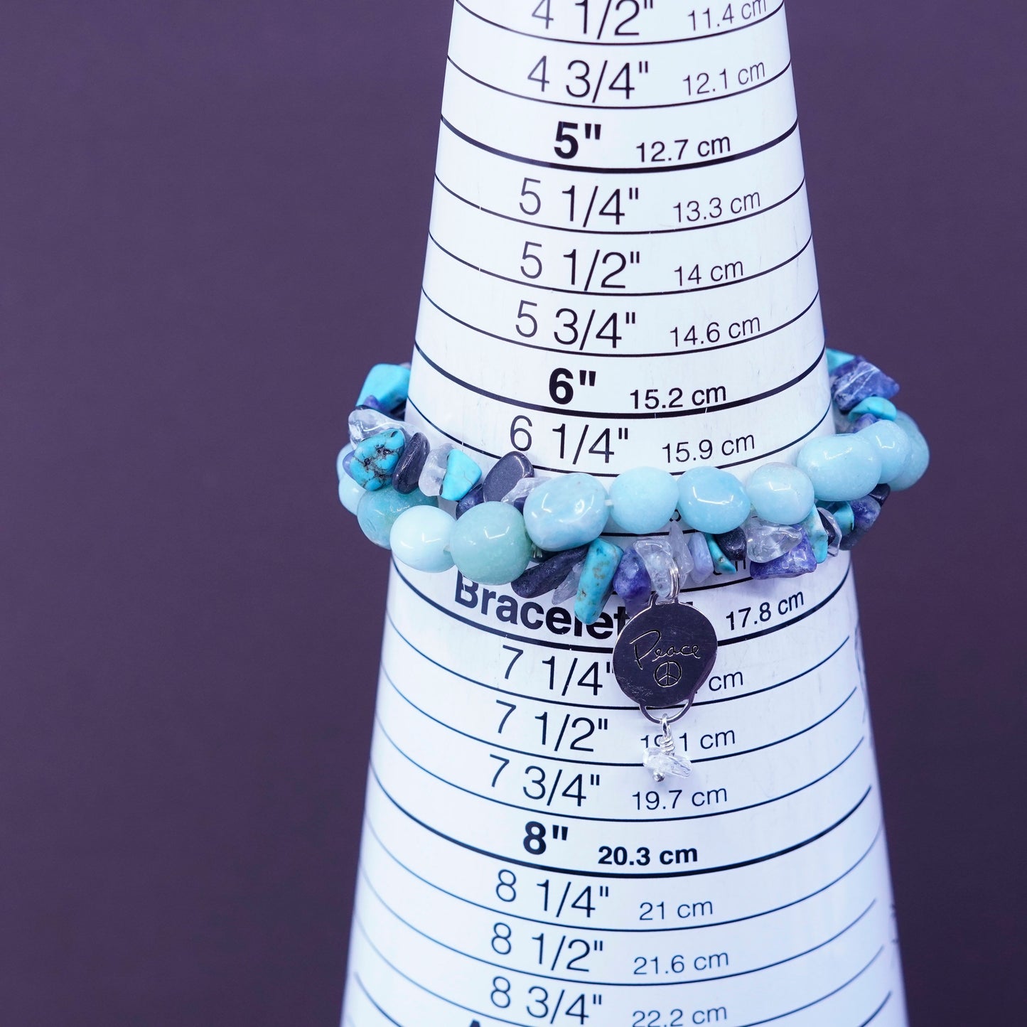 6.5”, jade turquoise beads bracelet with sterling 925 silver CND peace charm.