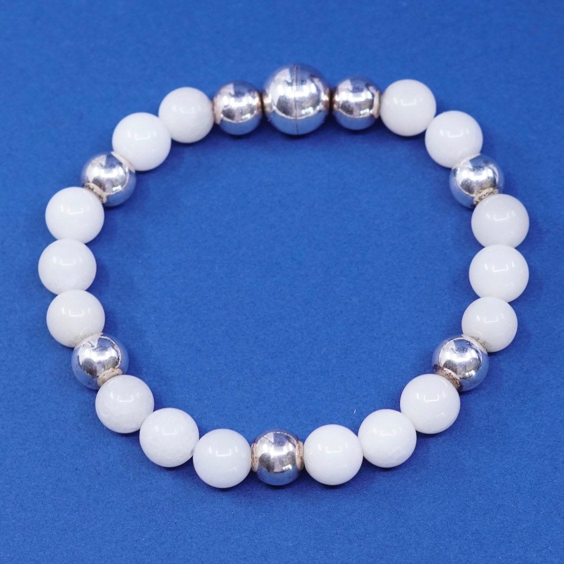 6.5", 7mm, vtg milor Sterling 925 Silver Handmade Bracelet w/ white quartz