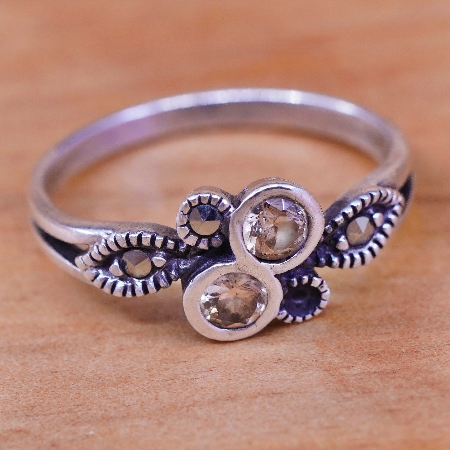 sz 6.75, Sterling 925 silver handmade statement ring w/ citrine and Marcasite
