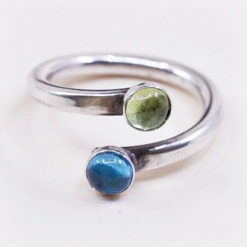 Sz 7, Vtg LE Southwestern Handmade Sterling Wrap Band Ring W/ Blue N Green Glass