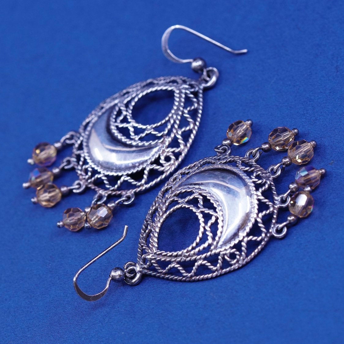 Sterling silver handmade earrings, 925 filigree teardrop drops fringe crystal