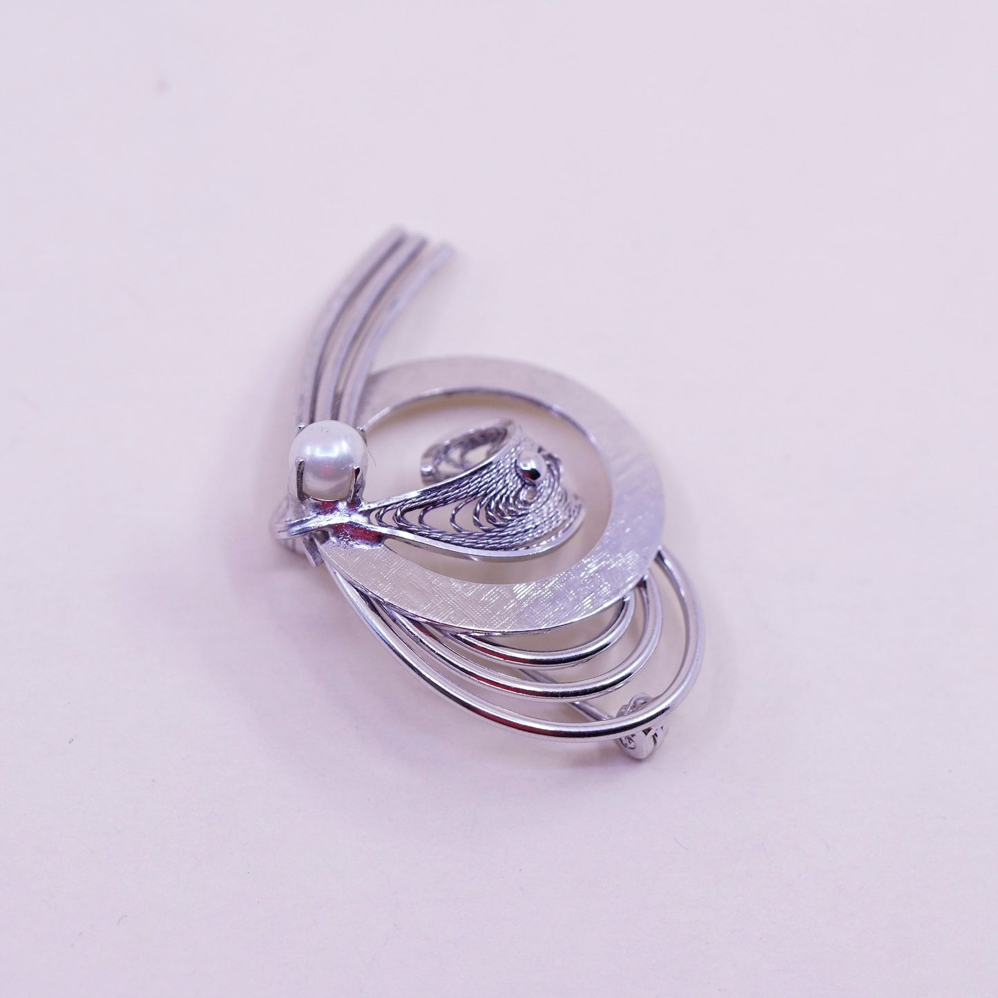 1950s vintage Sterling silver handmade brooch, 925 filigree brooch with pearl