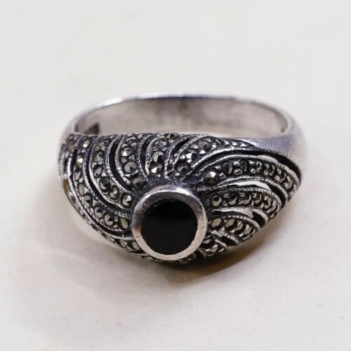 Sz 6, Vtg Sterling Silver Handmade Ring, 925 Silver Band W Obsidian N marcasite