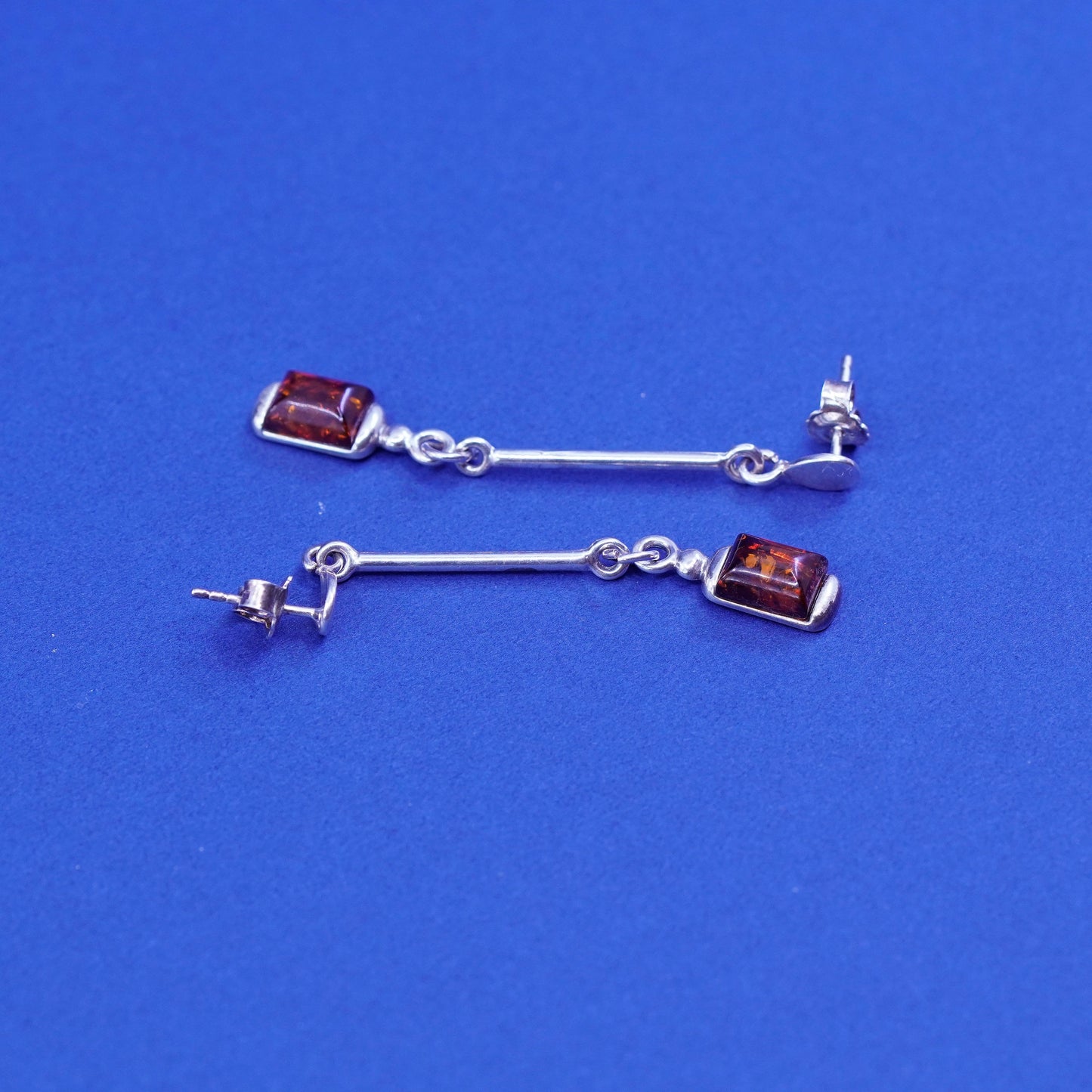 Vintage sterling 925 silver handmade long earrings with rectangular amber
