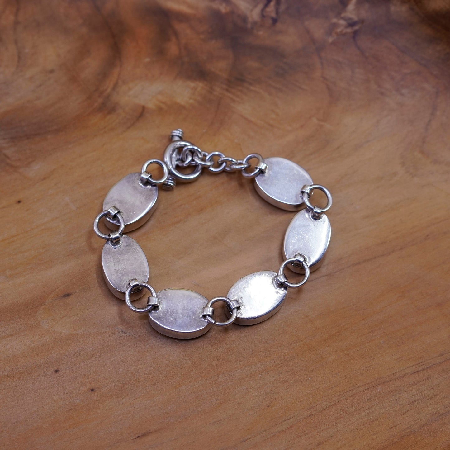 6.5”, vintage Sterling silver handmade bracelet, Mexico 925 chain oval onyx
