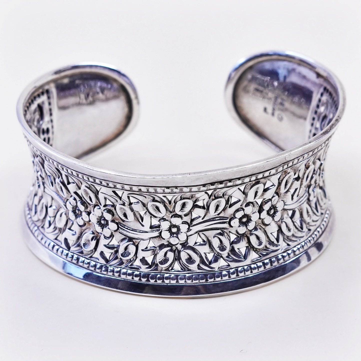 6.5”, sterling silver handmade bracelet, wide 925 cuff with filigree flower