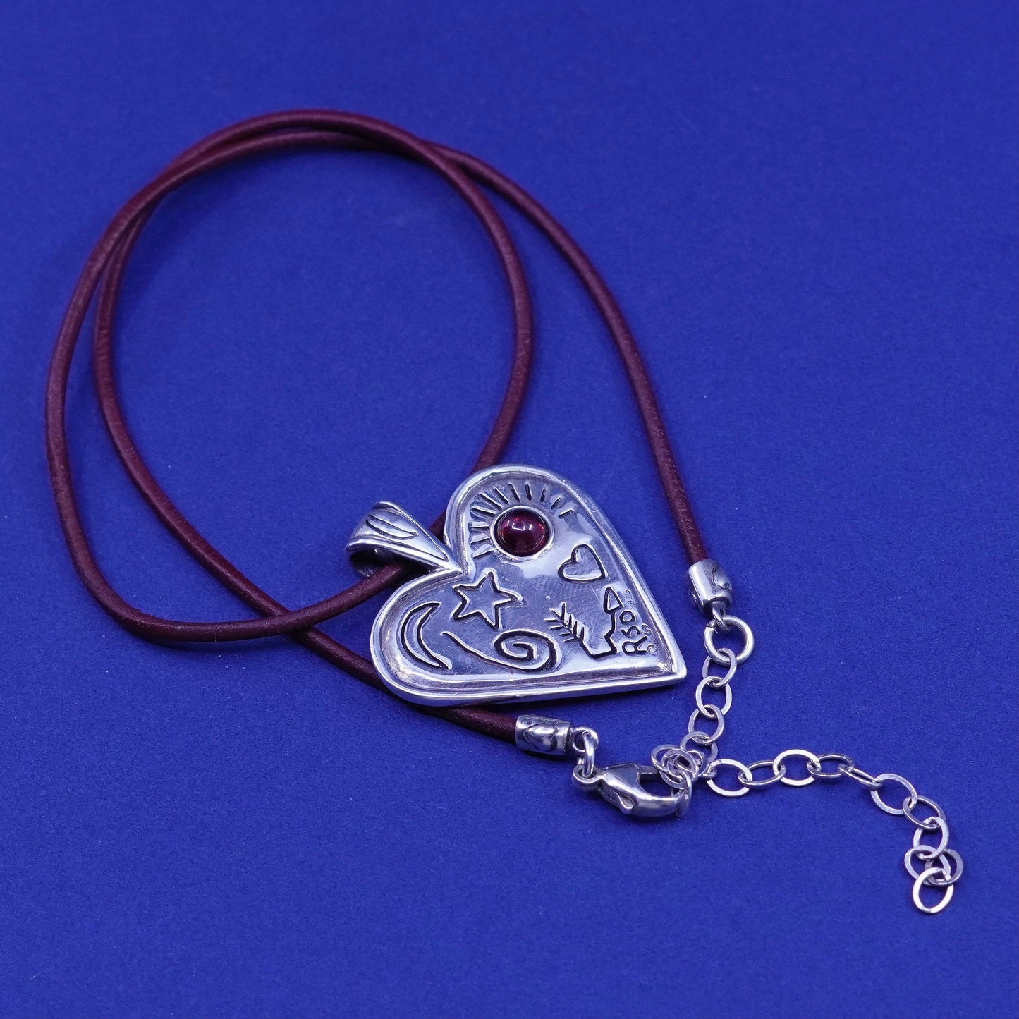 15+2”, Native American Shube Leather Necklace Sterling 925 silver heart garnet