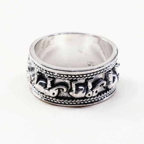 Sz 10, Vtg Sterling Silver Handmade Ring 925 Silver Band W/ Elephant Embossed