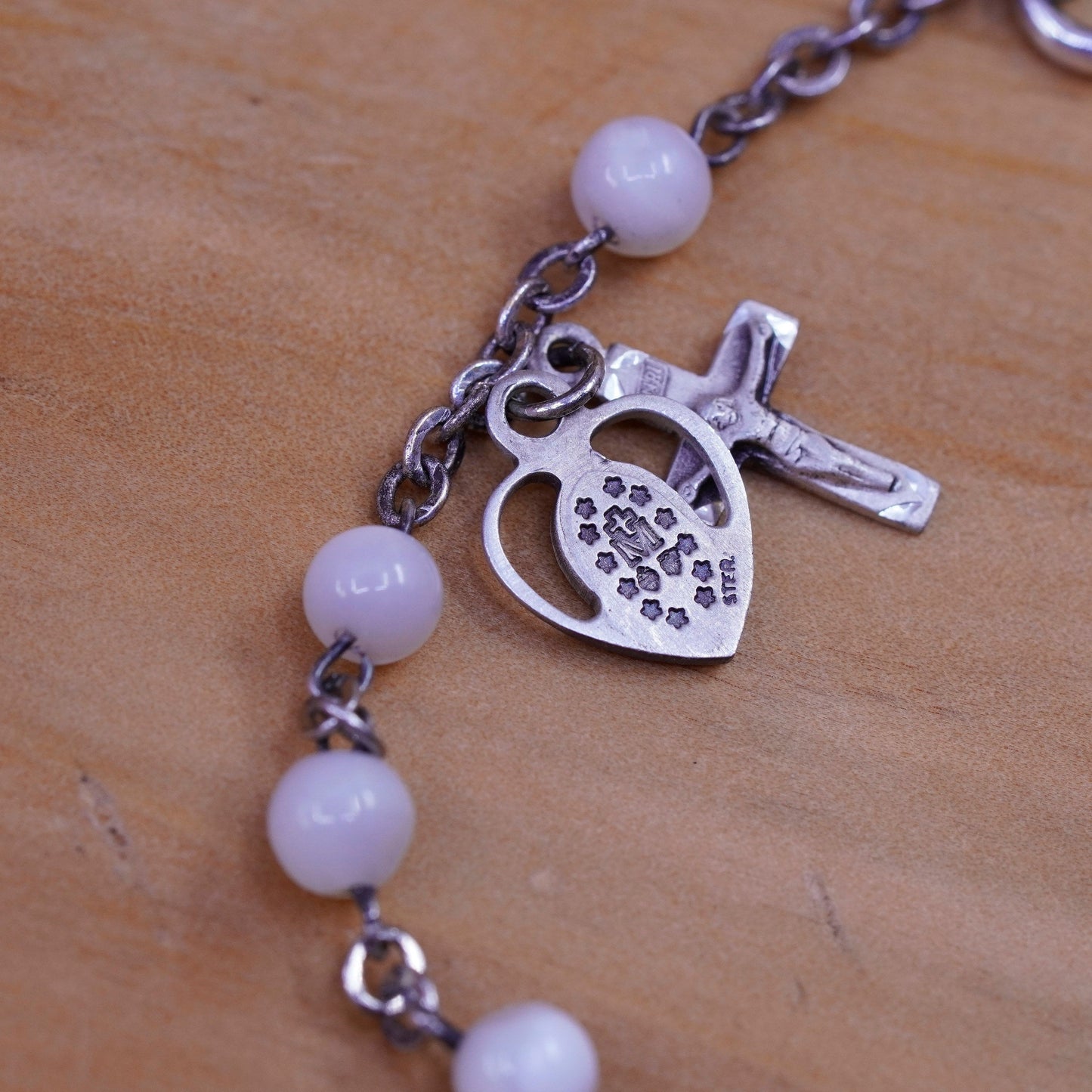 6.5”, Sterling silver bracelet, tiger eye beads chain 925 heart Jesus cross