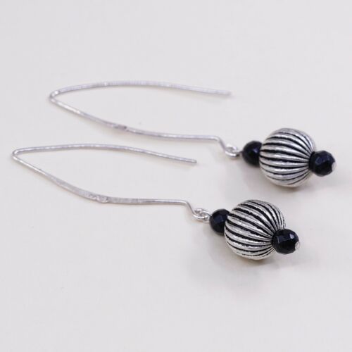 Vtg Mexico Sterling Silver Handmade Earrings, 925 Ribbed Bead W Dangles