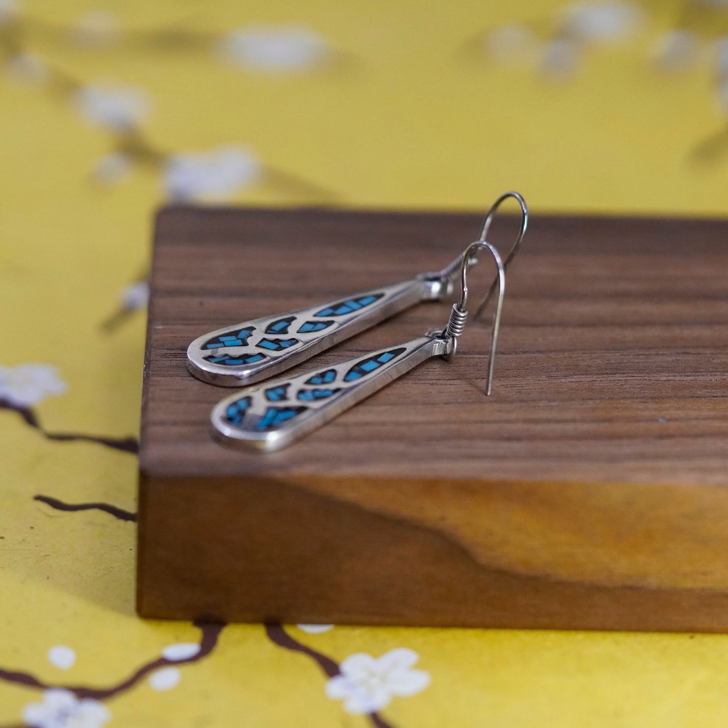Vintage Sterling silver handmade earrings, Mexico 925 teardrop with turquoise