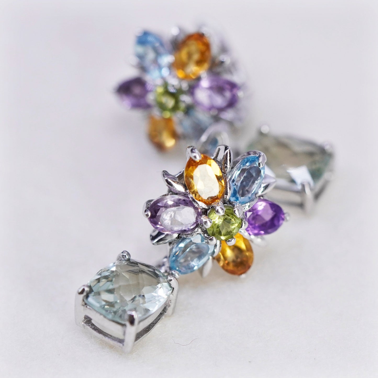 Vintage Sterling 925 silver handmade flower earrings citrine amethyst peridot