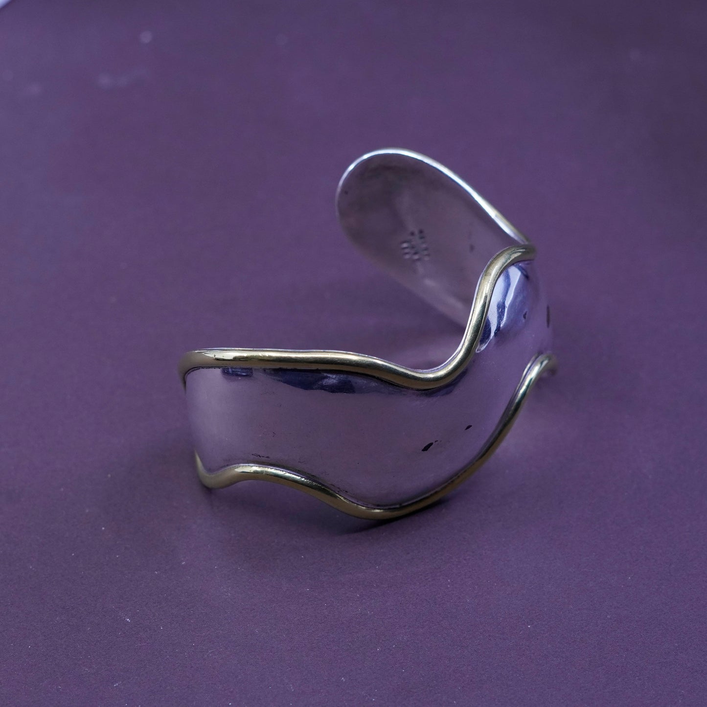 6.25”, mexico two tone Sterling silver handmade bracelet, 925 cuff brass trim