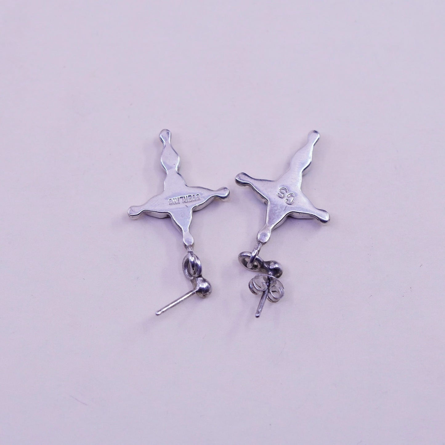 Native American Navajo Sterling 925 silver earrings, cross with fire opal