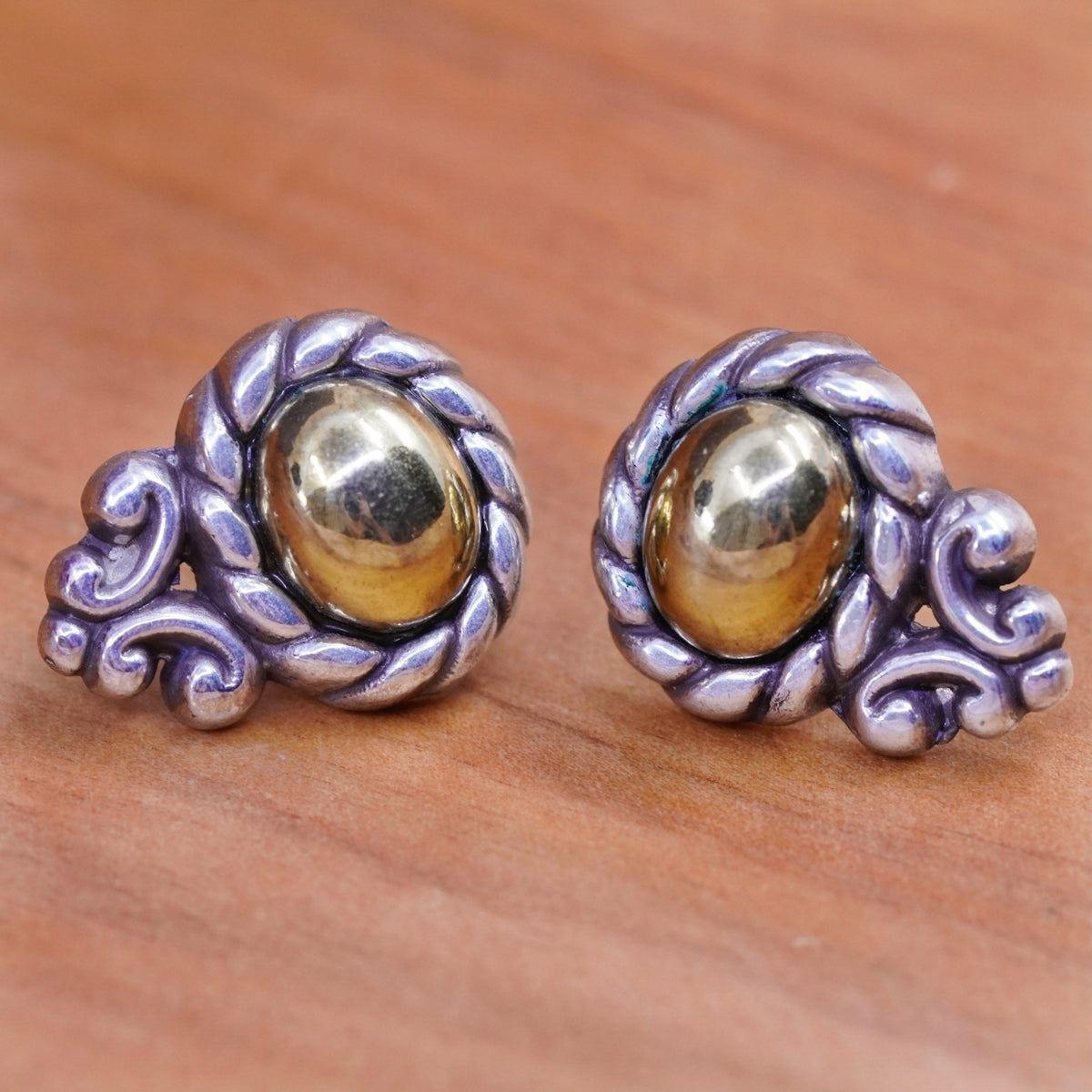 Vintage Brighton B two tone earrings, silver tone cable with brass