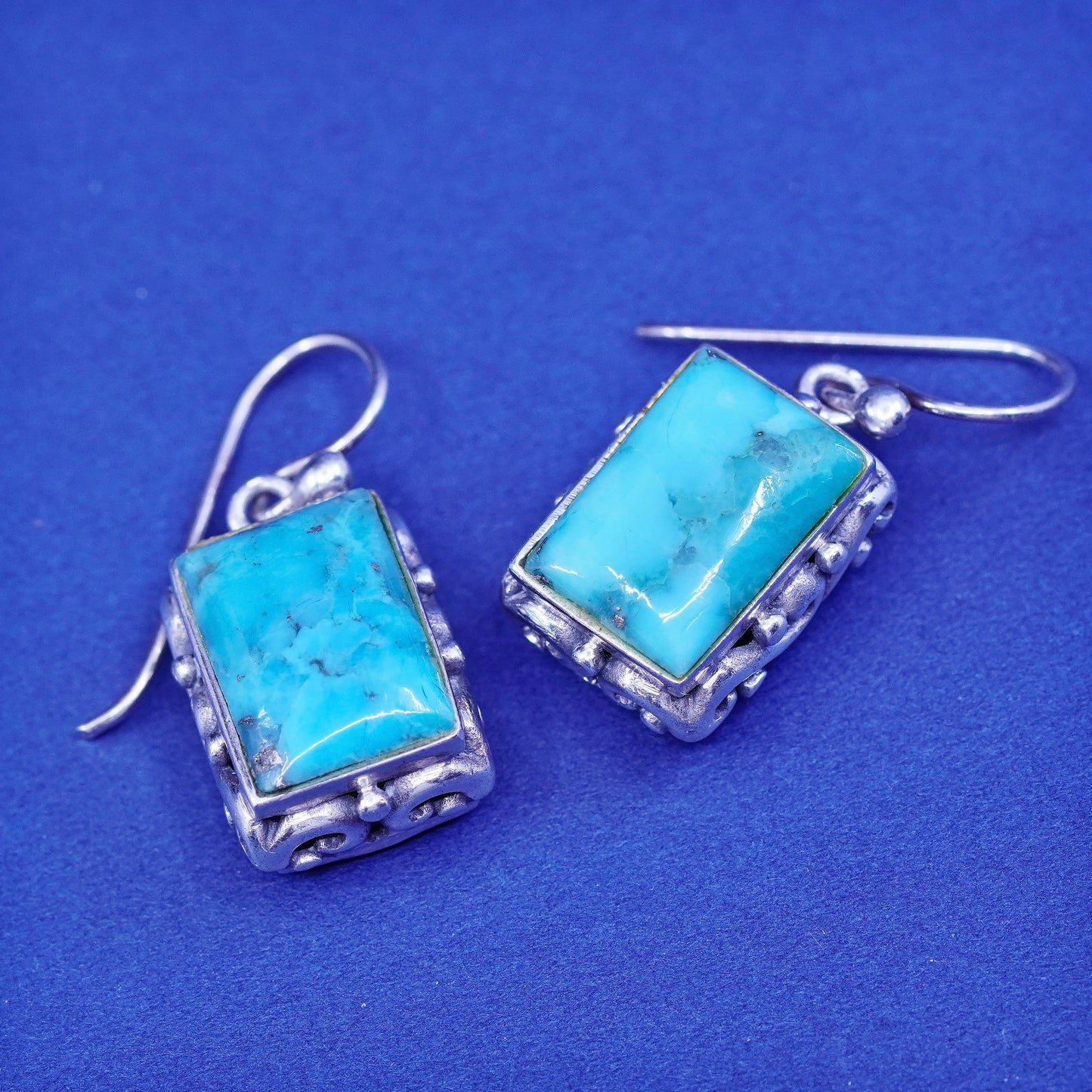 Vintage Sterling 925 silver handmade filigree bali earrings with turquoise
