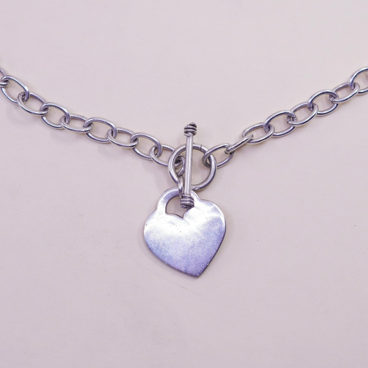 18”, sterling silver charm necklace, 925 bold circle link chain heart charm