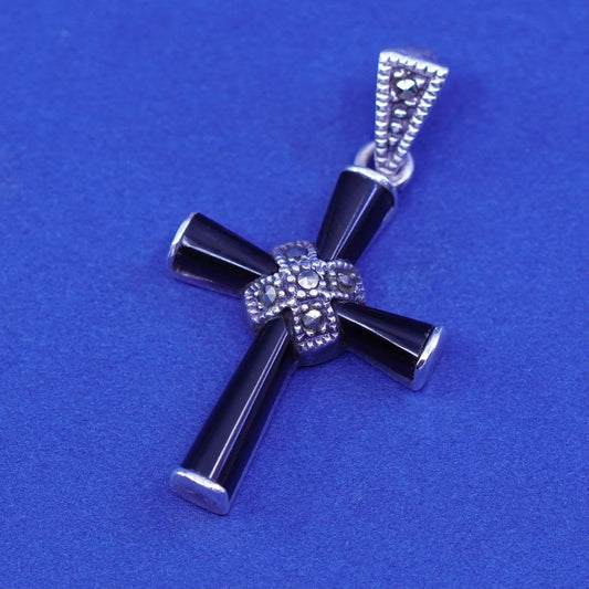 Vintage Sterling 925 silver handmade cross pendant with obsidian and marcasite