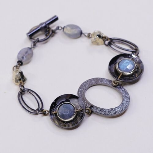 6.5”, Vtg Antique Brass Bracelet W/ Disc Charm N Moonstone Inlah