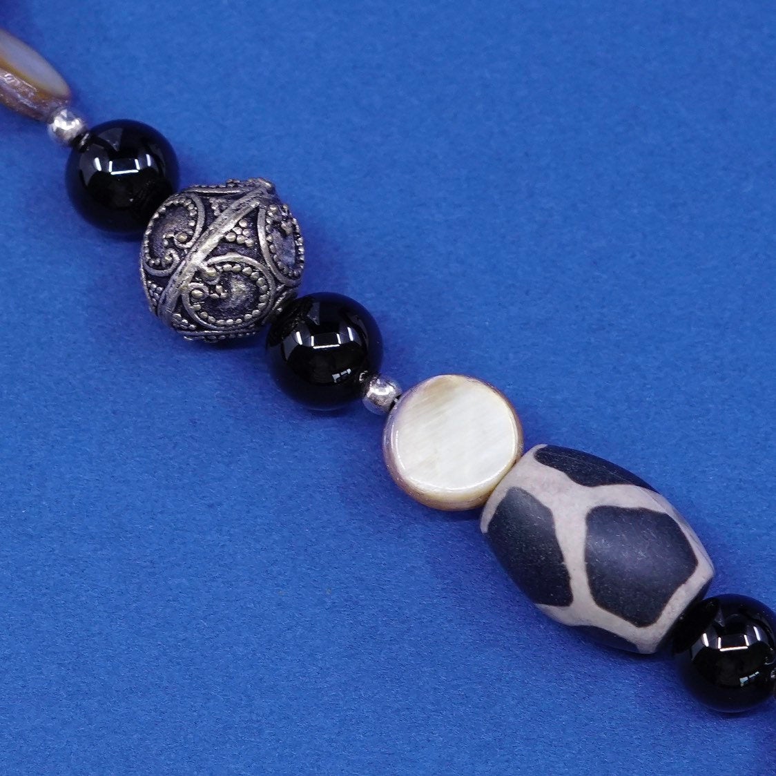 7.75", handmade sterling silver bracelet, 925 toggle w/ nut N obsidian beads