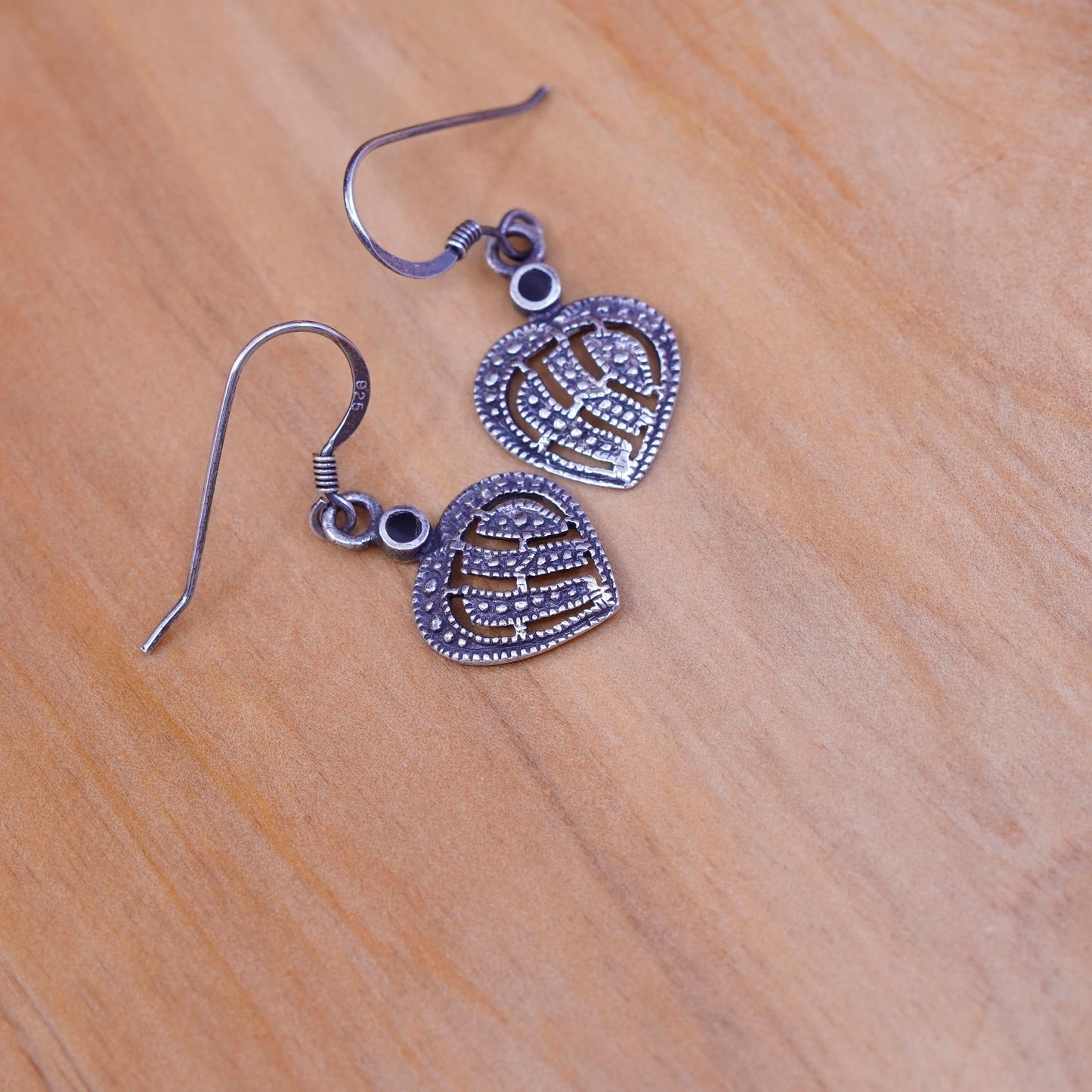 Vintage Sterling 925 silver handmade heart earrings with obsidian
