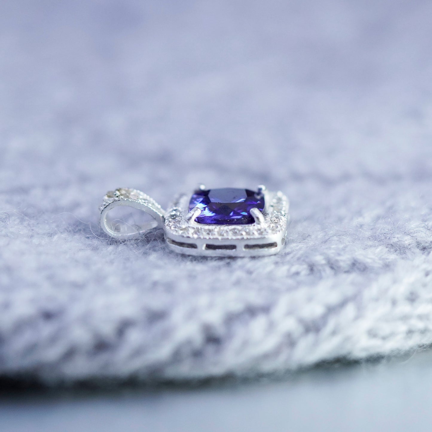 Vintage sterling 925 silver square pendant with amethyst and Cz