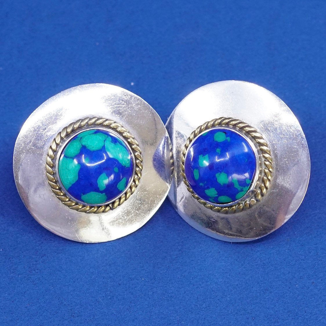 two tone Sterling silver handmade earrings, mexico 925 azurite studs w/ cable