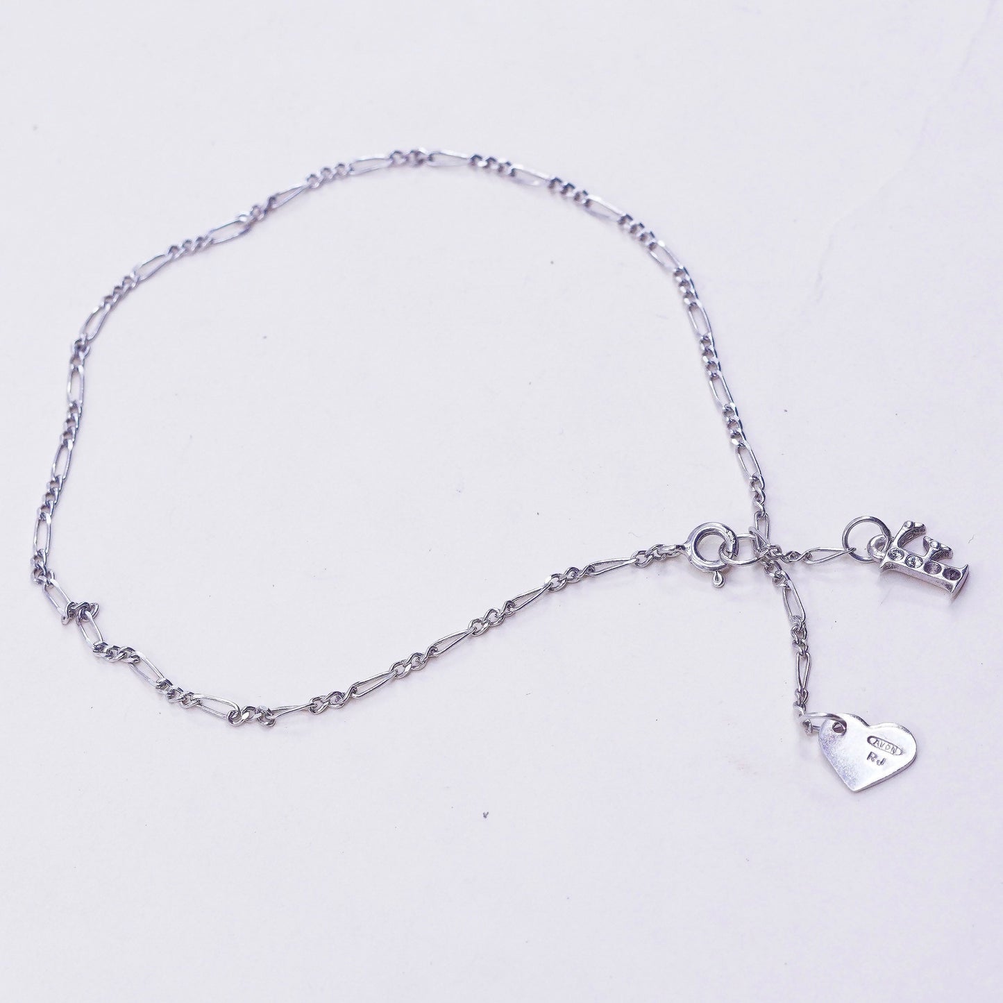 8.5”, Vintage sterling silver Figaro charm bracelet with 925 heart charms