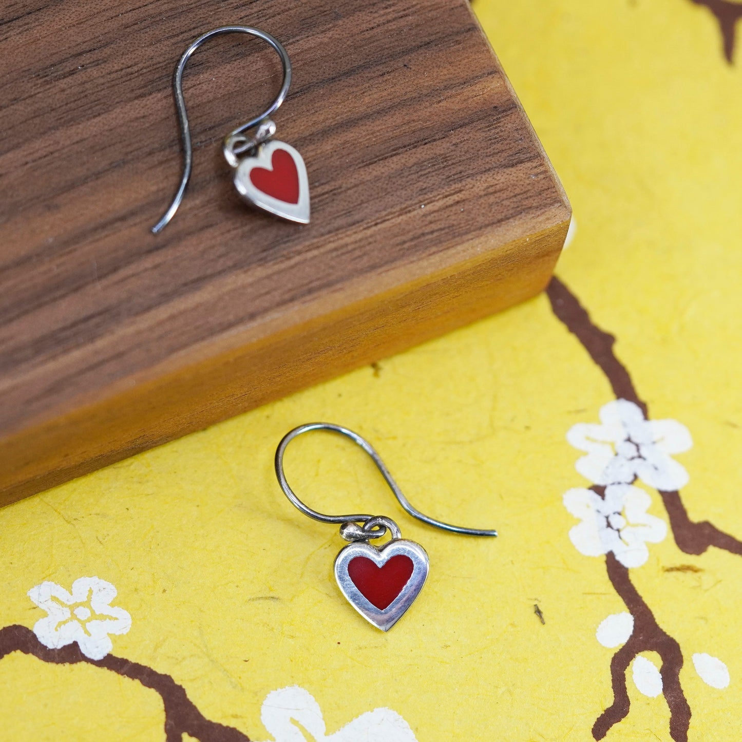 Vintage Sterling 925 silver handmade earrings with red enamel heart