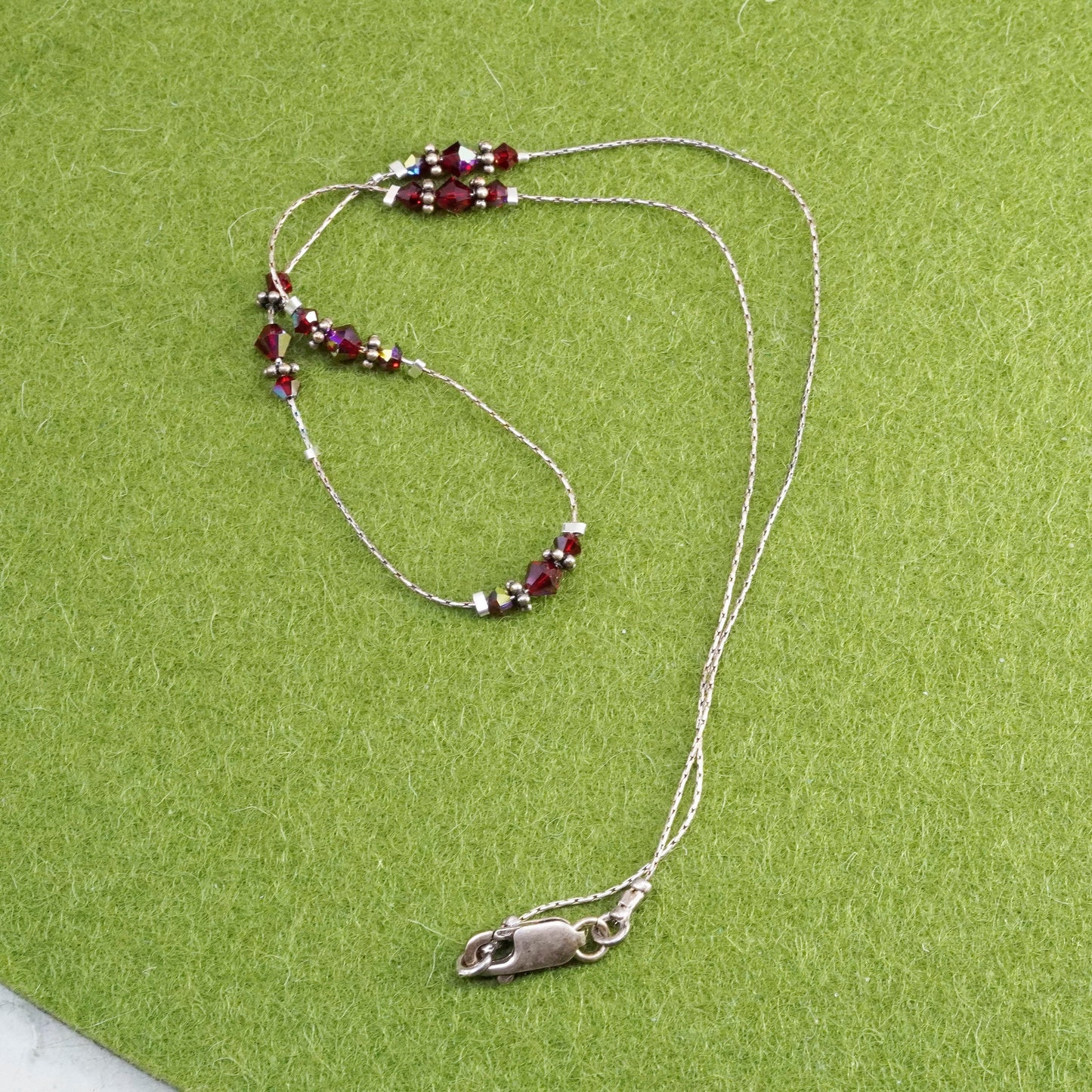 16”, vintage Sterling silver necklace, Italy 925 snake chain with garnet beads