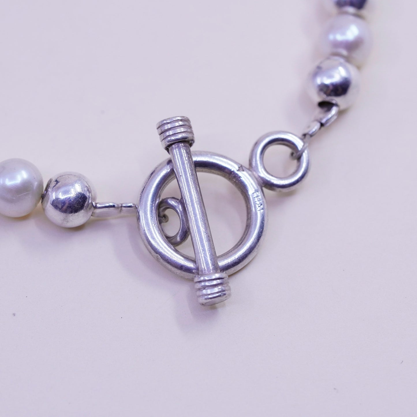 6.75”, Vintage handmade bracelet, pearl beads with 925 beads and toggle closure